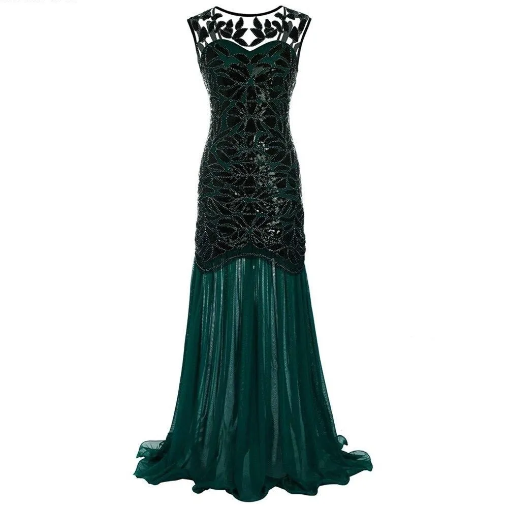 Women's Vintage Evening Dress Gold Sequins Beading Long Evening Party Dress