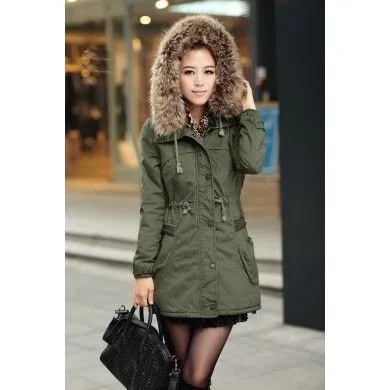 Women's Winter Coat with Fur Lined Hood and Knitted Wool Pockets