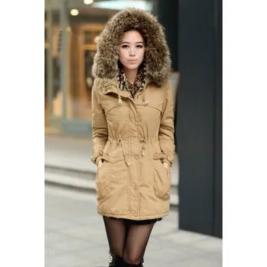 Women's Winter Coat with Fur Lined Hood and Knitted Wool Pockets