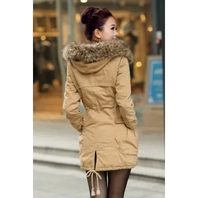 Women's Winter Coat with Fur Lined Hood and Knitted Wool Pockets